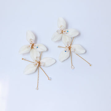 Swarovski Crystal Two White Flower Long Earrings, Long Bridal Jewelry, 925 Sterling Silver, Statement Earrings Cz
